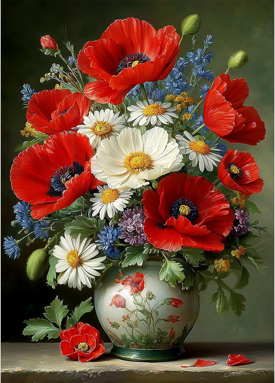 Red Poppy Flower Vase Diamond Art Kits for Adults - 12x16 Inch 5D Full Drill Diamond Painting - Floral Still Life Gem Art for Beginners - DIY Rhinestone Paint by Numbers for Home Wall Decor & Gifts